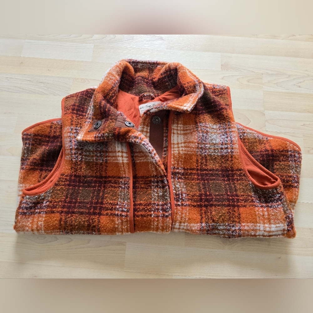 Free People We The Free Wrapped Up Blanket Vest Rust Plaid Size Large